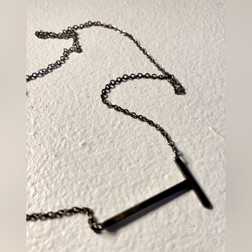 Silver Plated Stainless Steel Large Sideways Initial Necklace - T FNS50801